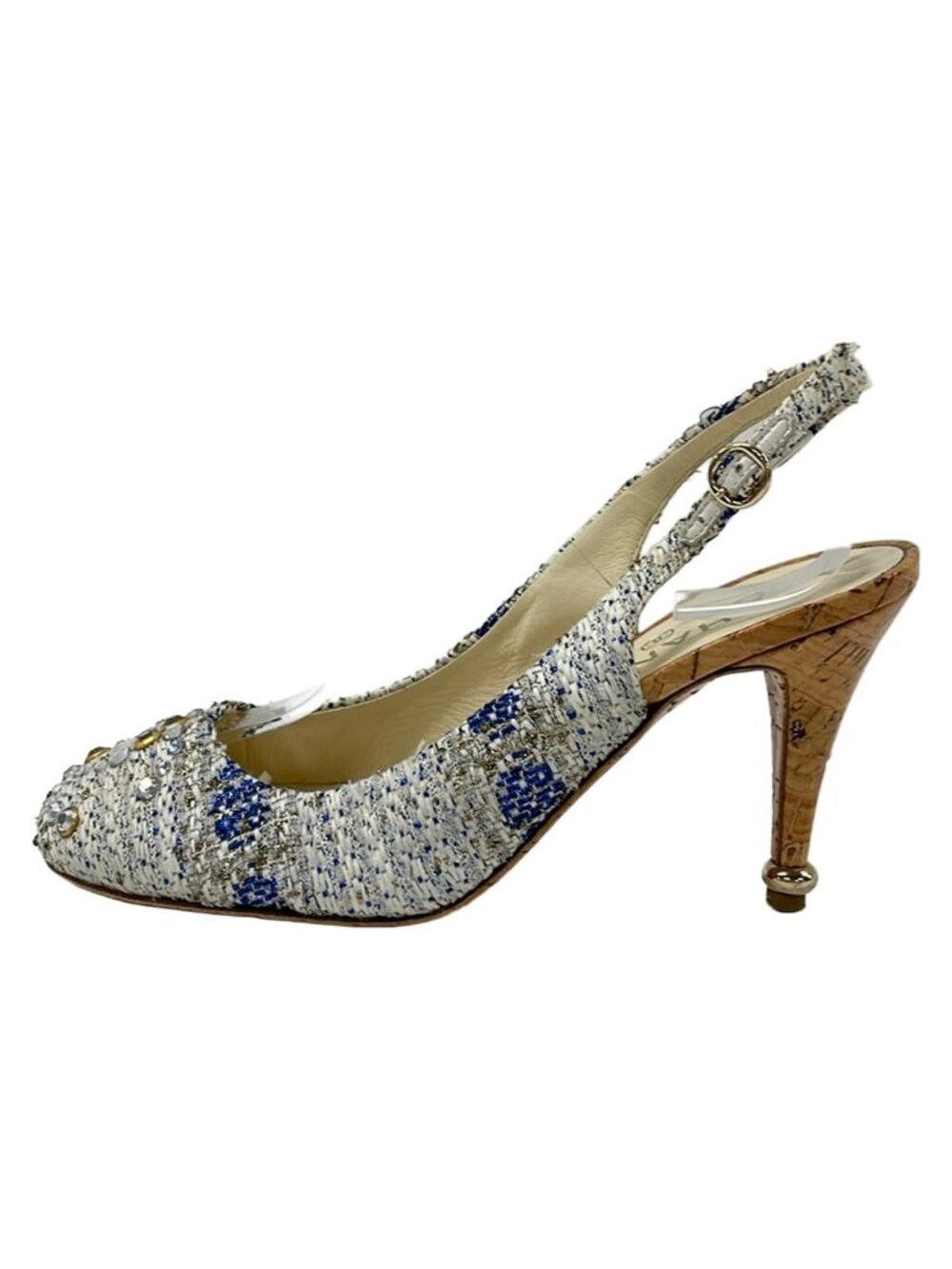 Chanel Sandals White Blue Gold Rhinestone CC Logo